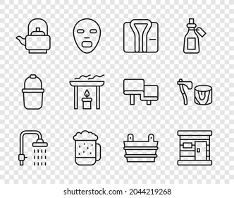 Set line Shower, Sauna wooden bathhouse, Bathrobe, Wooden beer mug, Kettle with handle, Aroma candle, bucket and axe in stump icon. Vector