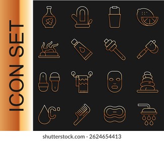 Set line Shower, Stack hot stones, Wooden axe, Sauna bucket, Cream or lotion cosmetic tube, Campfire, Essential oil bottle and Honey dipper stick icon. Vector