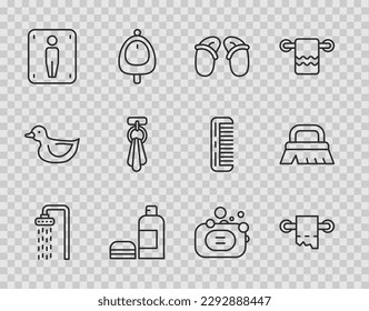 Ducha de línea, rollo de papel higiénico, sandalias, botella de champú, inodoro masculino, toalla sobre la percha, jabón de barra y cepillo para el icono de limpieza. Vector