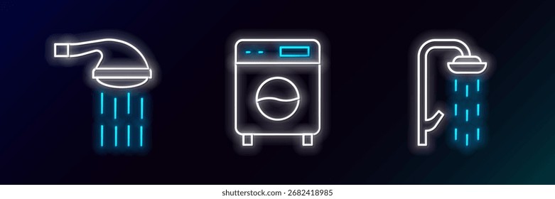 Set Linie Dusche, und Washer-Symbol. Leuchtendes Neon. Vektorgrafik