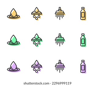 Set line Dusche, Wassertropfen, Filterpatrone und Flasche Wasser Symbol. Vektorgrafik