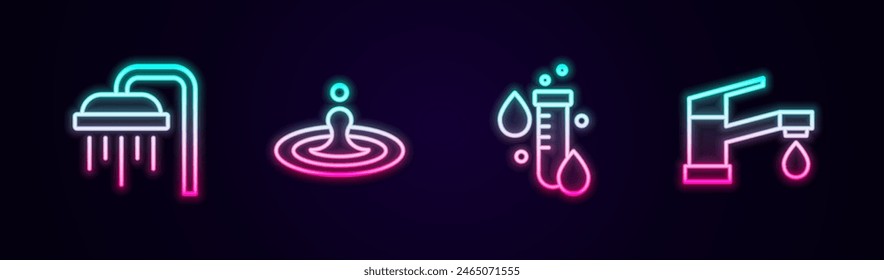 Set line Shower, Water drop, Test tube with water and tap. Glowing neon icon. Vector