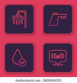 Set line Shower, Water drop, tap and Chemical formula for H2O. Blue square button. Vector