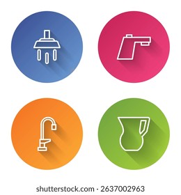 Set line Shower, Water tap,  and Jug glass with water. Color circle button. Vector