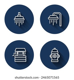 Set line Shower, Well and Fire hydrant with long shadow. Blue circle button. Vector