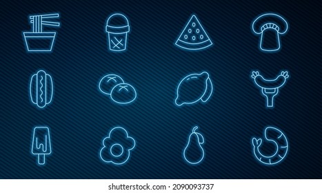 Set line Shrimp, Sausage on the fork, Watermelon, Bread loaf, Hotdog, Asian noodles in bowl, Lemon and Ice cream waffle icon. Vector