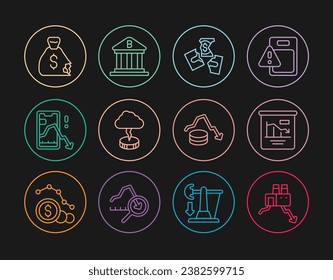 Set line Shutdown of factory, Pie chart infographic, Tearing money banknote, Storm, Mobile stock trading, Money bag, Dollar rate decrease and Bank building icon. Vector