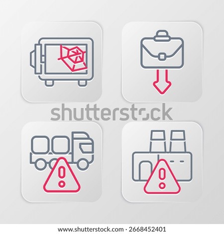 Set line Shutdown of factory, Stop delivery cargo truck, Briefcase and Safe icon. Vector