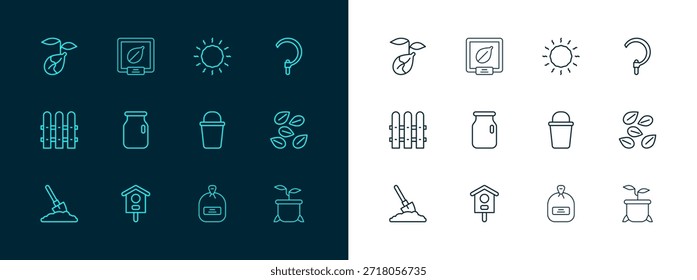 Set line Hoz, casa de pájaro, cubo, paquete lleno de semillas, frasco de vidrio con tapón de rosca, sol, germinación y semillas icono de la planta específica. Vector