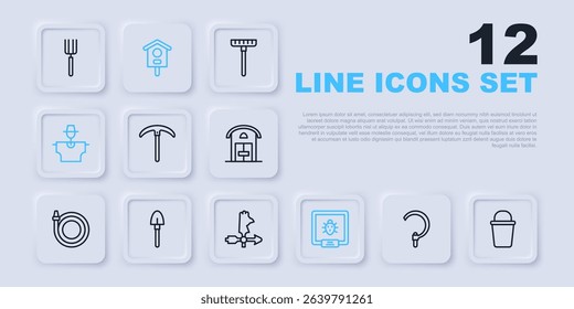 Set line Sickle, Bucket, Pickaxe, Colorado beetle, Scarecrow, Shovel, Bird house and Rooster weather vane icon. Vector