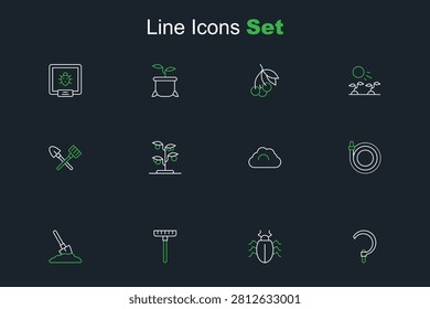 Set line Sickle, Colorado beetle, Garden rake, Shovel in the ground, hose, Cloudy weather, Sprout and and icon. Vector