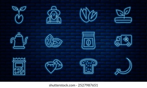 Set line Sickle, Flour truck, Pistachio nuts, Seed, Watering can, Sprout, Bag of coffee beans and Farmer the hat icon. Vector