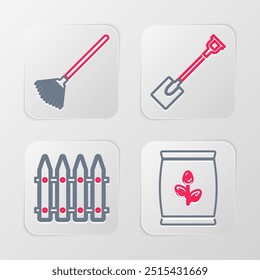 Set line Sickle, Garden fence, shovel and rake for leaves icon. Vector