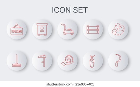 Set line Sickle, Garden rake, Lawn mower, Carrot, Signboard with text Farm, Hive for bees, Scythe and house in hand icon. Vector