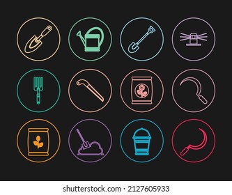 Set line Sickle, Garden shovel, saw, fork, trowel spade, Fertilizer bag and Watering can icon. Vector