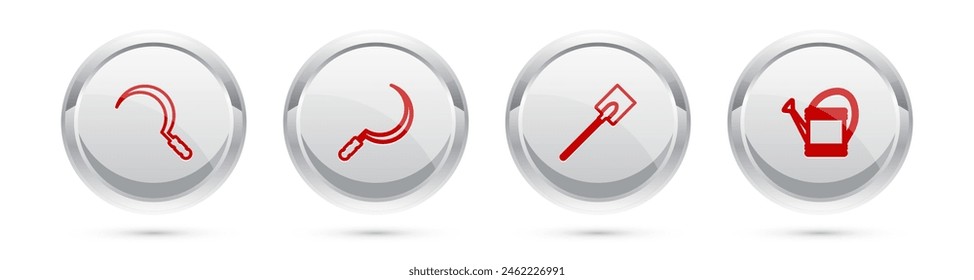 Set line Sickle, , Garden shovel and Watering can. Silver circle button. Vector