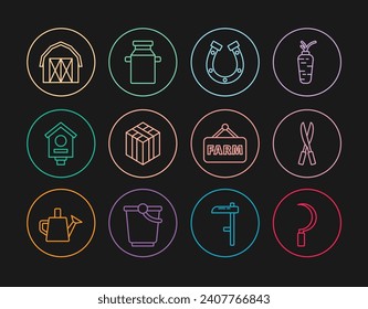 Set line Sickle, Gardening handmade scissors, Horseshoe, Bale of hay, Bird house, Farm, Signboard with text and Can container for milk icon. Vector