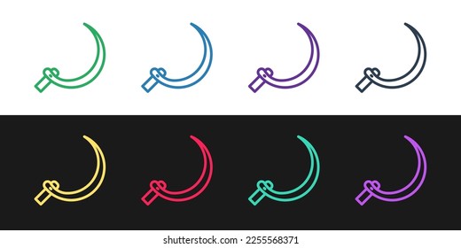 Set line Sickle icon isolated on black and white background. Reaping hook sign.  Vector