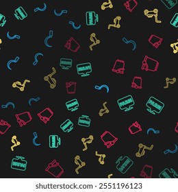 Set line Sickle, Location farm, Lawn mower and Bucket on seamless pattern. Vector