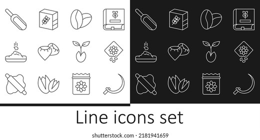 Set-Line-Sickle, Packung voller Samen von Pflanzen, Kaffeebohnen, Saatgut, Schottenmehl, Sprout und Mehl-Icon. Vektorgrafik