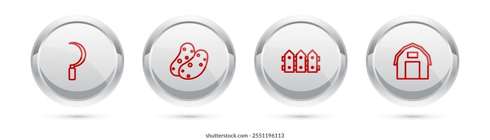 Set line Sickle, Potato, Garden fence wooden and Farm house. Silver circle button. Vector