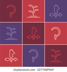 Set line Sickle, Rooster weather vane and Sprout icon. Vector