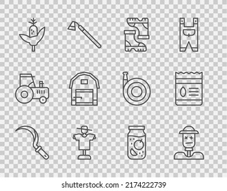 Set line Sickle, Scarecrow, Waterproof rubber boot, Corn, Farm house, Jam jar and Pack full seeds plant icon. Vector
