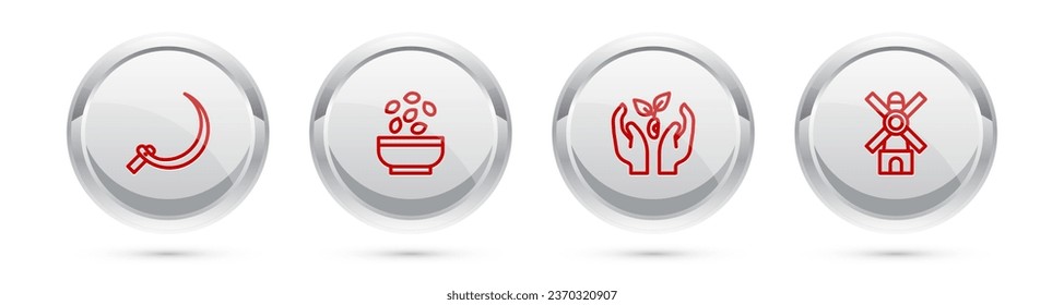 Set line Sickle, Seeds in bowl, Plant hand and Windmill. Silver circle button. Vector