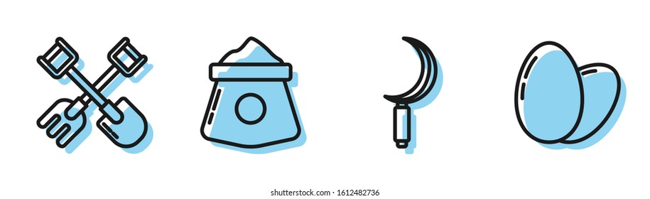 Set line Sickle, Shovel and rake, Bag of flour and Chicken egg icon. Vector