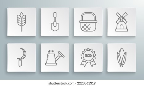 Set line Sickle, Shovel, Watering can, Banner, label, tag, logo for eco, Corn, Shopping basket, Windmill and Cereals with rice, wheat, corn, oats, rye icon. Vector
