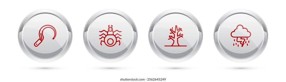 Set line Sickle, Spider, Bare tree and Storm. Silver circle button. Vector