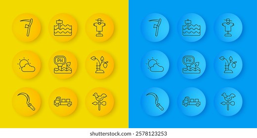 Set line Sickle, Sun and cloud weather, Soil ph testing, Rooster vane, Strawberry bush, Scythe, Scarecrow and Garden bed icon. Vector