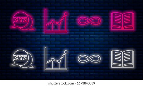 Set line Sigma symbol, Function mathematical symbol, Calculator and Equation solution. Glowing neon icon on brick wall. Vector