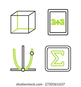 Establecer línea Sigma símbolo, gráfico, horario, gráfico, diagrama, Tablet con calculadora y figura geométrica icono de cubo. Vector