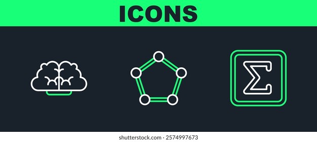 Set line Sigma symbol, Human brain and Geometric figure Pentagonal prism icon. Vector