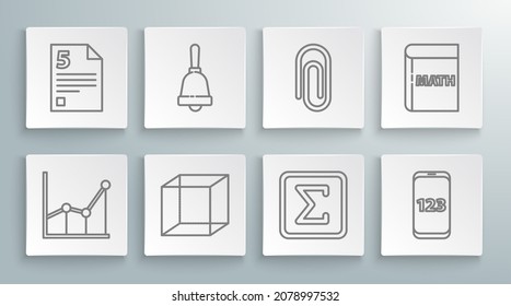 Establecer el símbolo Sigma de línea, hoja de prueba o examen, matemática de función, cuadrado de figura geométrica, libro con matemáticas de palabra, icono Triángulo e infinito. Vector