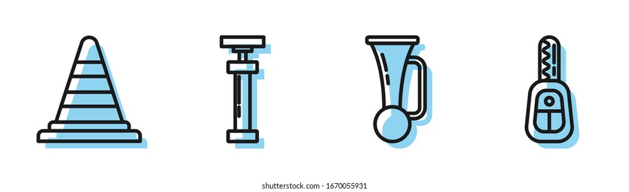 Set line Signal horn on vehicle, Traffic cone, Car air pump and Car key with remote icon. Vector