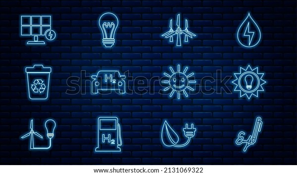 Set line Signature, Solar energy panel, Wind\
turbines, Hydrogen car, Recycle with recycle, Cute sun smile and\
Light bulb icon. Vector