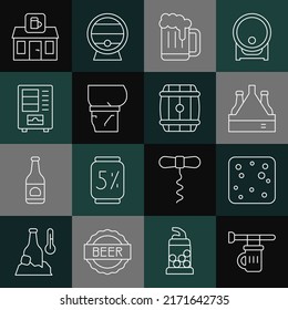 Set line Signboard with glass of beer, Beer bubbles, Pack bottles, Wooden mug, belly, Vending machine, Store building shop and barrel icon. Vector