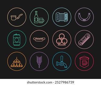 Set line Signboard with glass of beer, Harmonica, Accordion, Hotdog sandwich, Beer can, Smoking pipe, Wooden barrels and bottle icon. Vector