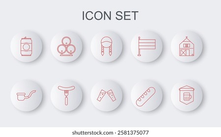 Set line Signboard with glass of beer, Smoking pipe, Braid, French baguette bread, Beer can, Wooden barrels, Sausage on the fork and Glass icon. Vector