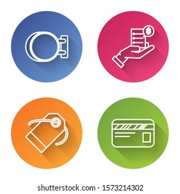 Set line Signboard hanging, Human hand holding with blank receipt or bill for payment, Blank label template price tag and Credit card. Color circle button. Vector