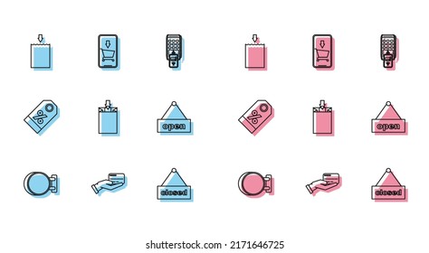 Set line Signboard hanging, Human hand holding with credit card, Paper shopping bag, Hanging sign text Closed, Open door, Discount percent tag and Mobile phone cart icon. Vector