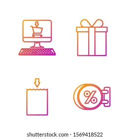 Set line Signboard hanging with an inscription discount percent, Paper shopping bag, Shopping cart on screen computer and Gift box. Gradient color icons. Vector