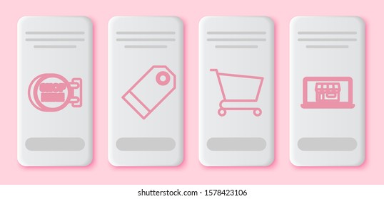 Set line Signboard hanging with an inscription shop here, Blank label template price tag, Shopping cart and Shopping building on screen laptop. White rectangle button. Vector