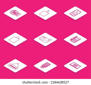 Set line Signboard hanging with an inscription shop here, Credit card, Pos terminal inserted credit, Hanging sign text Closed and POS printed reciept confirms the payment by smartphone icon. Vector