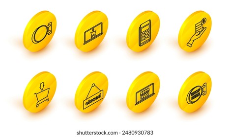 Set line Signboard hanging with an inscription shop here, Hanging sign text Closed, Add cart, Human hand holding blank receipt or bill for payment, Pos terminal,  and  icon. Vector