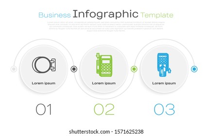 Set line Signboard hanging, Pos terminal with inserted credit card and Pos terminal with inserted credit card. Business infographic template. Vector