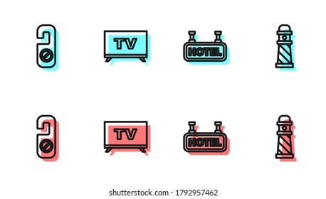 Set line Signboard with text Hotel, Please do not disturb, Smart Tv and Lighthouse icon. Vector