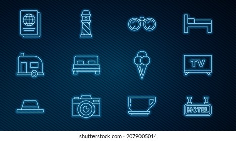 Set line Signboard with text Hotel, Smart Tv, Binoculars, Big bed, Rv Camping trailer, Passport, Ice cream waffle cone and Lighthouse icon. Vector